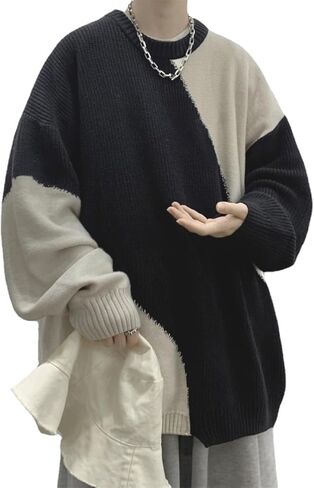Men Aesthetic Crewneck Sweater Vintage Panel Coquette Sweatshirt Oversized Knitted Long Sleeve Clothes Punk Streetwear in Saudi Arabia