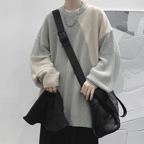 Men Aesthetic Crewneck Sweater Vintage Panel Coquette Sweatshirt Oversized Knitted Long Sleeve Clothes Punk Streetwear in Saudi Arabia