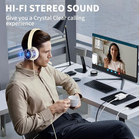 سماعة رأس USB مع ميكروفون للكمبيوتر الشخصي، سماعة كمبيوتر مع ميكروفون عازل للضوضاء لأجهزة الكمبيوتر المحمول، أدوات التحكم في كتم الصوت، سماعة رأس سلكية للعمل من المنزل/المكتب/مركز الاتصال/الفرق/التكبير/التصغير in Kuwait