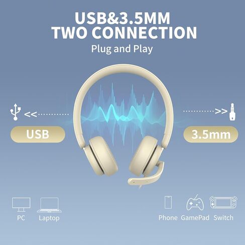 سماعة رأس USB مع ميكروفون للكمبيوتر الشخصي، سماعة كمبيوتر مع ميكروفون عازل للضوضاء لأجهزة الكمبيوتر المحمول، أدوات التحكم في كتم الصوت، سماعة رأس سلكية للعمل من المنزل/المكتب/مركز الاتصال/الفرق/التكبير/التصغير in Kuwait