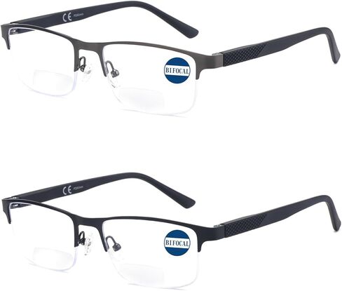 Missfive 2 Pack رجالي نظارات قراءة ثنائية البؤرة، منطقة قراءة سفلية أوسع، حجب الضوء الأزرق بعيدًا عن القراء ثنائي الاستخدام، نظارة ذات إطار معدني عالي الجودة بمفصلات زنبركية 1.5x، أسود وجونميتال in Kuwait