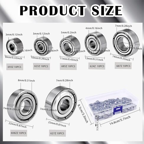 70 Pcs Ball Bearings Assortment Kit 608ZZ/ 693ZZ/ 623ZZ/ 624ZZ/ 685ZZ/ 687ZZ/ 627ZZ Double Metal Sealed Deep Groove Bearings for Wheel Skateboards 3D Printer in Saudi Arabia
