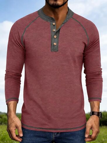 Mens Color Block Henley Sweatshirt Long Sleeve Crewneck Contrast Panel Breathable Base Layer for Fall Winter Work and Travel in Saudi Arabia