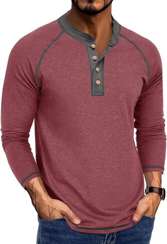Mens Color Block Henley Sweatshirt Long Sleeve Crewneck Contrast Panel Breathable Base Layer for Fall Winter Work and Travel in Saudi Arabia