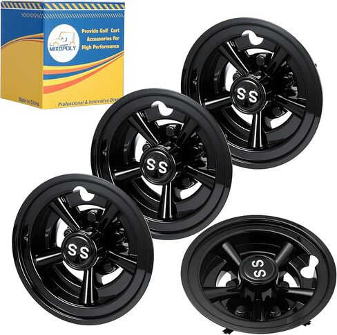 أغطية عجلات عربة الجولف تناسب مباشرة EZGO، Yamaha، Club Car SS Chrome 5-Spoke Snap-on التثبيت مقاومة للصدأ ومقاومة للطقس، فضي وأسود، 8 بوصة (مجموعة من 4) in Saudi Arabia