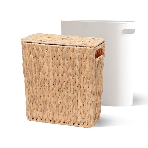 3 Gallon Wicker Trash Can with Lid and Removable Liner, Natural Water Hyacinth Handwoven Bathroom Waste Basket with Brush for Bedroom,Toilet, Living Room, Under Sink, Kitchen in Saudi Arabia