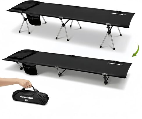 Flyernature 2-in-1 Ultra-Light Portable Camping Cot for Adults - Military Heavy Duty Folding Backpacking Cot with Leg Extenders, 300 LBS One Person Sleeping Cot, Black (75"x26"x15.8") in Saudi Arabia