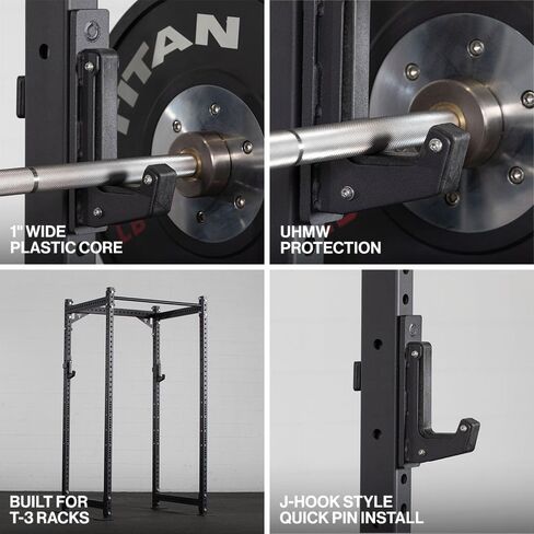 Titan Fitness T-3 Series Power Rack Sandwich J-Hooks, 1000 LB Rackable Capacity, Fits 2" x 3" Rack Uprights with 11/16" Holes, UHMW Protective Liners, Barbell Holder for Squat & Bench Press in Kuwait