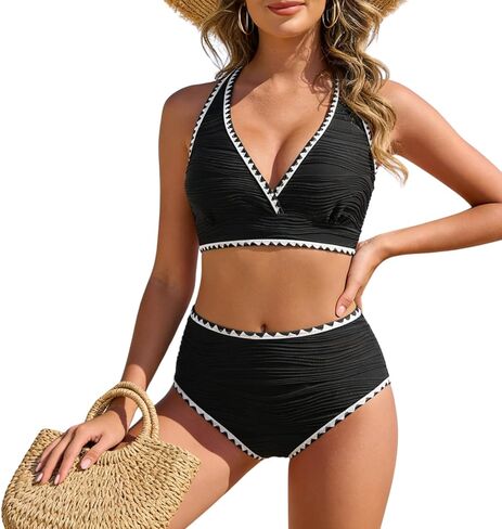Women High Waisted Bikini Sets Two Piece Swimsuits Color Block Cheeky High Cut Bathing Suits in Saudi Arabia