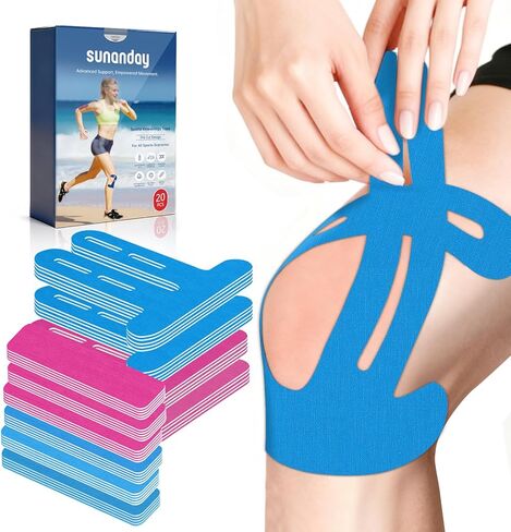 20 PCS Waterproof Kinesiology Tape for Shoulders/Knees,Precut Strips for Knee Pain Relief & Stability Support, Latex-Free Hypoallergenic Sports Athletic Tape Knee Brace (Black and Beige) in Saudi Arabia