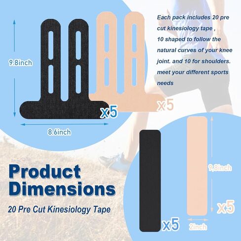 20 PCS Waterproof Kinesiology Tape for Shoulders/Knees,Precut Strips for Knee Pain Relief & Stability Support, Latex-Free Hypoallergenic Sports Athletic Tape Knee Brace (Black and Beige) in Saudi Arabia