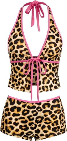 ZAFUL Women's Striped Halter Bikini Set Front Tie Tankini Swimsuit Boho Two Piece Bathing Suit with Boyshorts in Saudi Arabia