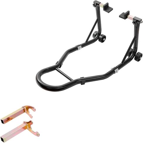 رفع حامل الدراجة النارية - رفع العجلات الأمامية والخلفية شديدة التحمل بوزن 450 رطلاً، يناسب معظم الدراجات للصيانة والإصلاح والتخزين، مع وسادات وبكرات مضادة للانزلاق، أسود in Kuwait