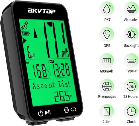 كمبيوتر GPS للدراجة كمبيوتر لاسلكي لركوب الدراجات مع دعم 9 لغات، 2.4 بوصة عداد سرعة LCD سهل القراءة، مقاوم للماء IPX7، بدء التشغيل التلقائي MPH KMH للدراجة الجبلية على الطرق in Saudi Arabia
