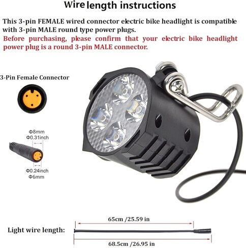 Ebike LED المصباح 3 دبوس أنثى موصل مقاوم للماء فائقة السطوع 12W 300 لوكس ليلة ركوب الخيل الأمامي ضوء مع القرن تحذير ل48V 36V دراجة جبلية قابلة للطي وسكوتر الإلكترونية in Saudi Arabia