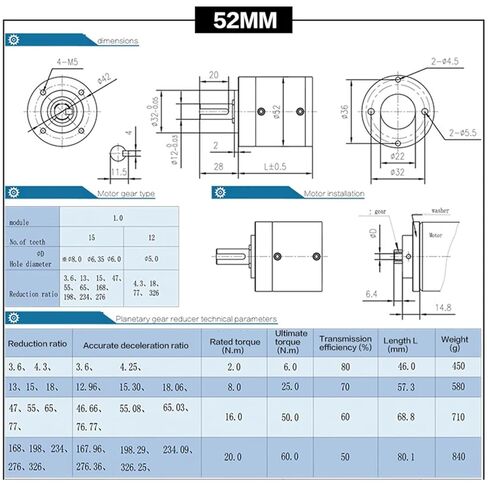 52/56/60MM Planetary Gear Reducer can be Equipped with brushless DC Motor Stepper Motor high Torque Low Noise Long Service Life(6mm Gear,15 to 1_60MM Reducer) in Kuwait