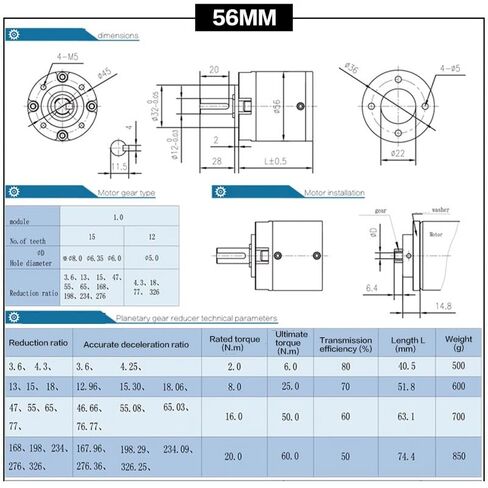 52/56/60MM Planetary Gear Reducer can be Equipped with brushless DC Motor Stepper Motor high Torque Low Noise Long Service Life(6mm Gear,15 to 1_60MM Reducer) in Kuwait