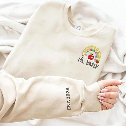 GodLover Personalized Embroidered Rainbow Sweatshirt, Custom Text On Sleeve, Teacher Gift in Kuwait