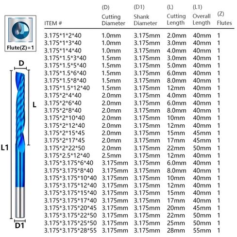 1 قطعة قطعة طحن فلوت واحدة بت كربيد التنجستن لولبية CNC راوتر بت 3.175 مللي متر-12 مللي متر مطحنة نهاية كربيد قاطع طحن فلوت واحد لقطع نحاس الألومنيوم in Kuwait