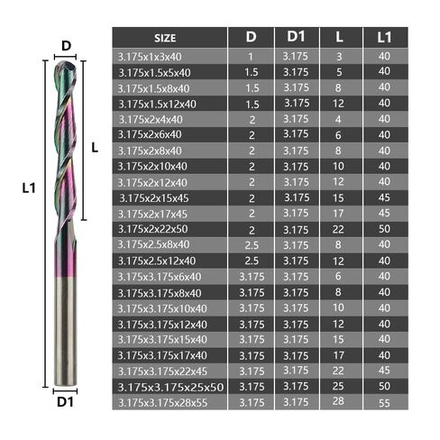 1 قطعة الكرة الأنف نهاية مطحنة القاطع 3.175 مللي متر عرقوب 2 الناي سوبر طلاء كربيد قاطعة المطحنة CNC طحن بت لقطع الألومنيوم in Kuwait