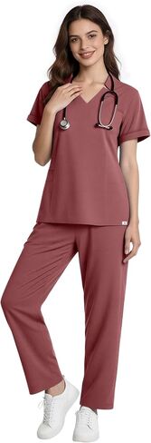 Scrubs for Women, V-Neck Slit Top & Straight Pants, Professional Medical Scrubs for Women Set with 9 Pockets in Saudi Arabia