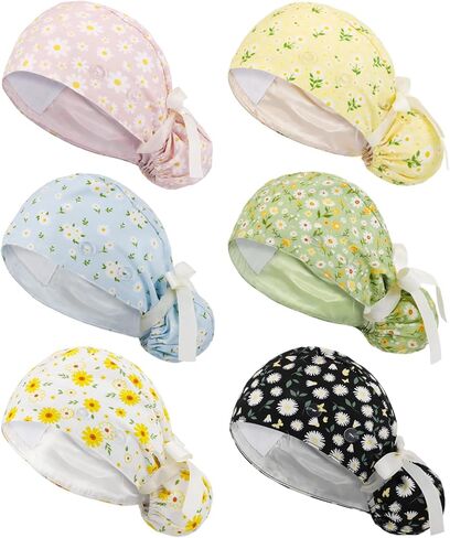 6 Pcs Scrub Caps Women Nurse Surgical Hat with Buttons Adjustable Bouffant Hats Working Cap Ponytail Holder Tie Back in Saudi Arabia