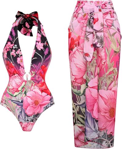 FLAXMAKER Women's Lace-up Neck Deep V Neck Strapless Printed One-Piece Swimsuit and Sarong/Skirt in Kuwait