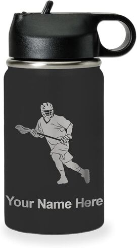 LaserGram Personalized Water Bottle, Lacrosse Player Man, Stainless Steel Double Wall Vacuum Insulated with Flip Top Straw, Custom Engraved Gift (20oz / 590ml Black) in Saudi Arabia