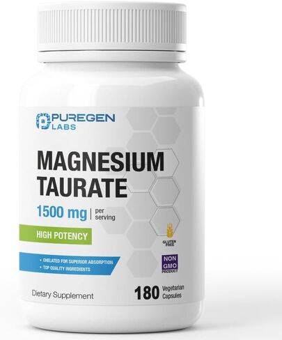 Puregen Labs Magnesium Taurate 1500mg per Serving [High Potency] 180 Veggie Caps, Chelated for Superior Absorption, Non-GMO, NO Gluten and Dairy | Made in USA in Kuwait