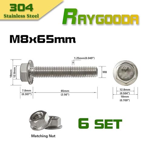 M8-1.25x65mm Flange Bolt and Nut Kit 6set, 304 Stainless Steel A2-70, Serrated Flange Self-Locking, Vibration Resistance, Full Thread, for Automotive, Machinery, HVAC, DIY in Saudi Arabia