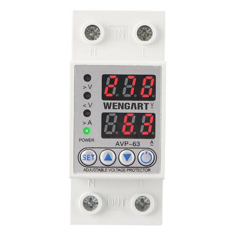 Wengart 63A Adjustable Digital Voltage Protector,AC120V Single Phase Over and Under Voltage Relay with Overcurrent Protection,High-Precision Monitoring Device with Dual LED Display for 35mm DIN Rail in Kuwait