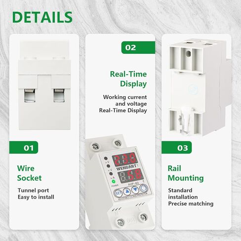Wengart 63A Adjustable Digital Voltage Protector,AC120V Single Phase Over and Under Voltage Relay with Overcurrent Protection,High-Precision Monitoring Device with Dual LED Display for 35mm DIN Rail in Kuwait