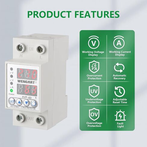 Wengart 63A Adjustable Digital Voltage Protector,AC120V Single Phase Over and Under Voltage Relay with Overcurrent Protection,High-Precision Monitoring Device with Dual LED Display for 35mm DIN Rail in Kuwait