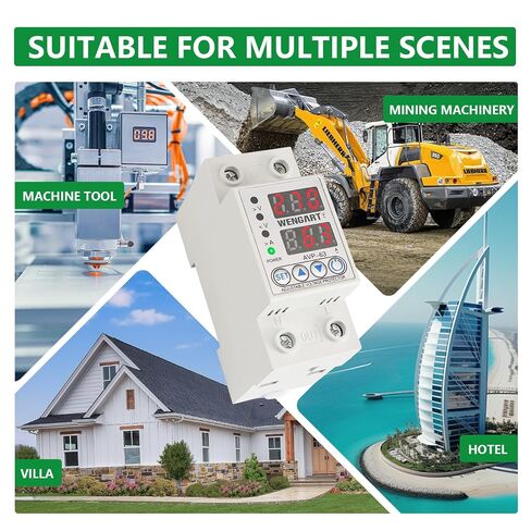 Wengart 63A Adjustable Digital Voltage Protector,AC120V Single Phase Over and Under Voltage Relay with Overcurrent Protection,High-Precision Monitoring Device with Dual LED Display for 35mm DIN Rail in Kuwait