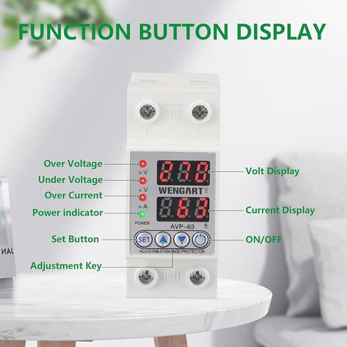 Wengart 63A Adjustable Digital Voltage Protector,AC120V Single Phase Over and Under Voltage Relay with Overcurrent Protection,High-Precision Monitoring Device with Dual LED Display for 35mm DIN Rail in Kuwait