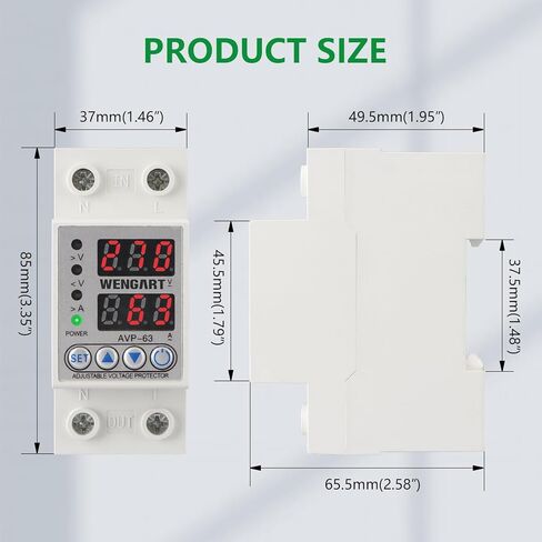 Wengart 63A Adjustable Digital Voltage Protector,AC120V Single Phase Over and Under Voltage Relay with Overcurrent Protection,High-Precision Monitoring Device with Dual LED Display for 35mm DIN Rail in Kuwait