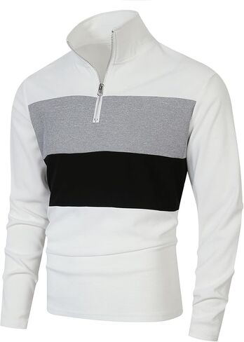 Men's Color Block Half Zip Polo Collar Long Sleeve Sweatshirt Perfect for Casual Wear and Business Casual Outfits (White,Medium) in Saudi Arabia