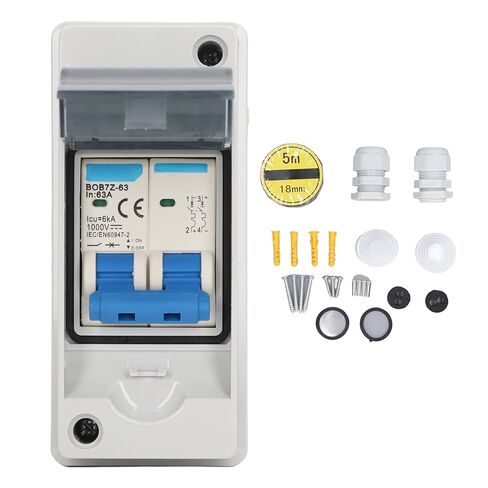 Asixxsix DC Miniature Circuit Breaker, 2 Pole 1000V 63Amp Isolator PV Solar Disconnect Switch with IP65 Cover Overvoltage Circuit Isolator for Solar Panels Grid System in Saudi Arabia