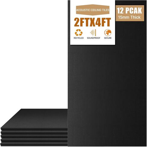 12 PCS Black Fiberglass Acoustic Ceiling Tiles Reduce Light Reflection 2X4 Ft Soundproof Ceiling Panels 0.59" Thick Moisture Proof Fire Resistant Ideal for Home Theater Basement Cover 96 Sq.Ft in Saudi Arabia