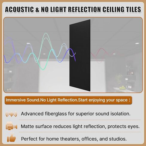 12 PCS Black Fiberglass Acoustic Ceiling Tiles Reduce Light Reflection 2X4 Ft Soundproof Ceiling Panels 0.59" Thick Moisture Proof Fire Resistant Ideal for Home Theater Basement Cover 96 Sq.Ft in Saudi Arabia