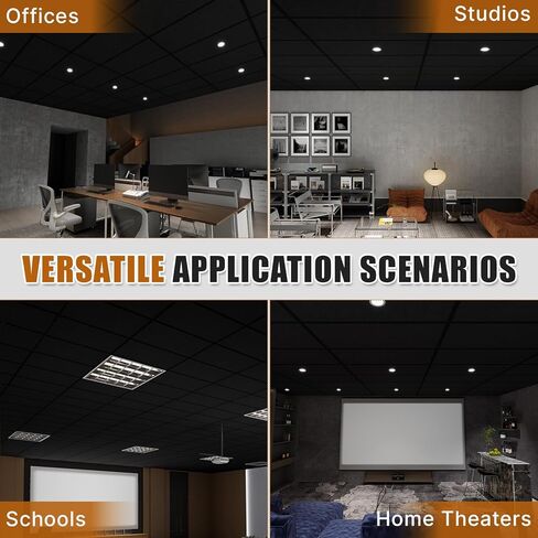 12 PCS Black Fiberglass Acoustic Ceiling Tiles Reduce Light Reflection 2X4 Ft Soundproof Ceiling Panels 0.59" Thick Moisture Proof Fire Resistant Ideal for Home Theater Basement Cover 96 Sq.Ft in Saudi Arabia