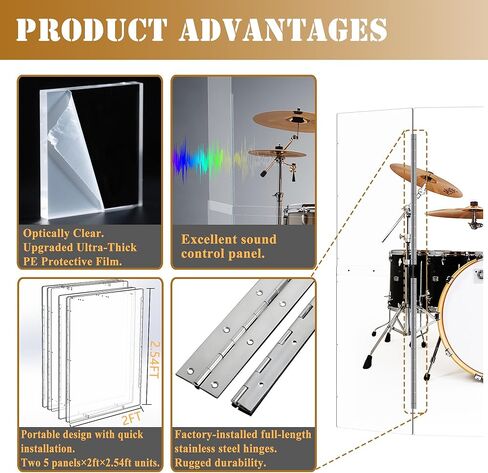 درع الطبل المحمول | 5 لوحات 2 قدم × 5 قدم | مفصلات من الفولاذ المقاوم للصدأ كاملة الطول مثبتة في المصنع | حاجز صوت الطبل الأكريليك | قفص للاستخدام في الكنيسة والمنزل (5 لوحات) in Kuwait