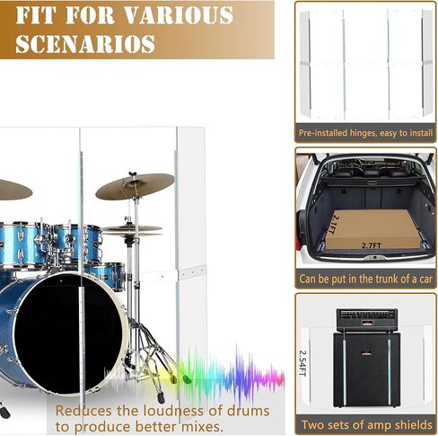 درع الطبل المحمول | 5 لوحات 2 قدم × 5 قدم | مفصلات من الفولاذ المقاوم للصدأ كاملة الطول مثبتة في المصنع | حاجز صوت الطبل الأكريليك | قفص للاستخدام في الكنيسة والمنزل (5 لوحات) in Kuwait