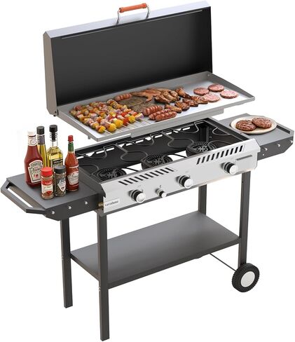 Veralune 3-in-1 Propane Stove & Griddle with Ignition & Regulator, 225,000 BTU Powerful Portable Gas Griddle with Storage Shelf, Portable Wheels for Backyard Cooking BBQ Frying and Boiling in Kuwait