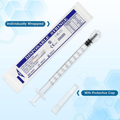 محاقن 1 مل، 25Ga 1 "1cc Luer Lock حقنة لقياس مختبر الري لتغذية الحيوانات الأليفة، ملفوفة بشكل فردي، 100 حزمة in Kuwait