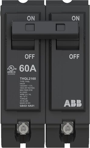 ABB Q-Line® THQL2160 Circuit Breaker • 60 Amp Double-Pole Breaker • 120/240 VAC • 10 kAIC Interrupt Rating • Thermal Magnetic Plug-On Breaker for Load Centers in Saudi Arabia