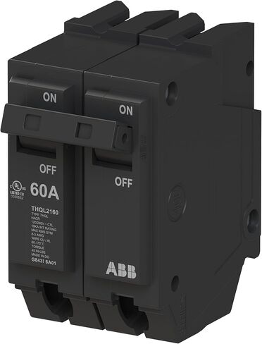 ABB Q-Line® THQL2160 Circuit Breaker • 60 Amp Double-Pole Breaker • 120/240 VAC • 10 kAIC Interrupt Rating • Thermal Magnetic Plug-On Breaker for Load Centers in Saudi Arabia
