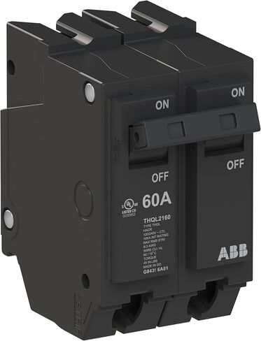 ABB Q-Line® THQL2160 Circuit Breaker • 60 Amp Double-Pole Breaker • 120/240 VAC • 10 kAIC Interrupt Rating • Thermal Magnetic Plug-On Breaker for Load Centers in Saudi Arabia