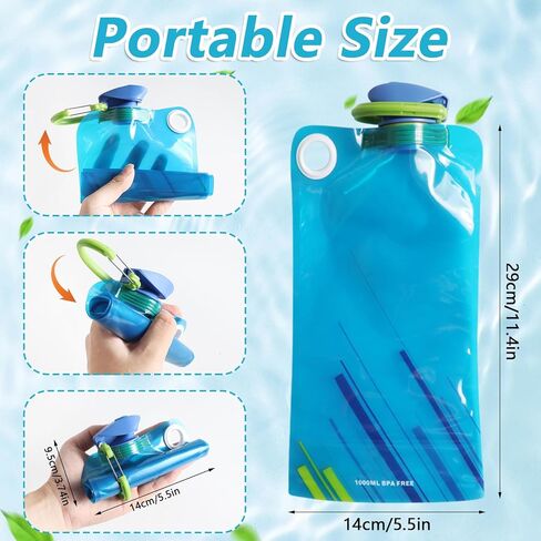 4 Pack Collapsible Water Bottle With Carabiner, 34 Ounce Foldable Water Bag with Leakproof Lid, Food-Grade Silicone Portable Water Bottle for Hiking, Sports, Camping, Biking, Traveling, BPA-Free in Saudi Arabia