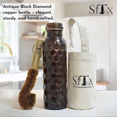 32oz Antique Black Diamond Large Pure Clear Copper Water Bottle Leak Proof Travel Big Size Water Bottles for Drinking Water & Ayurvedic Health benefits With Canvas Bag & Bottle Cleaner Brush in Saudi Arabia